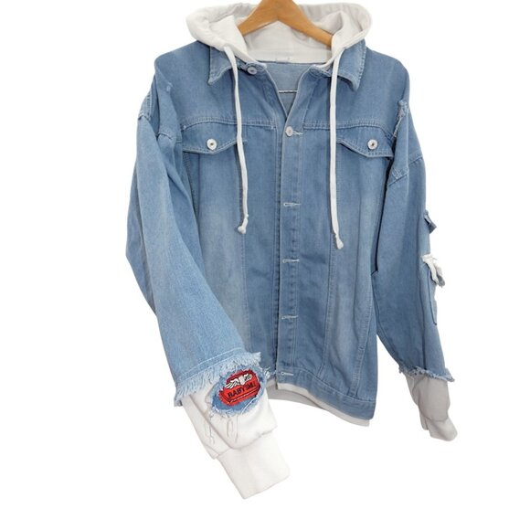 Anime Denim Hoodie Jacket Blue XL Fits M/L Streetwear Grunge Layered Look - Picture 3 of 9